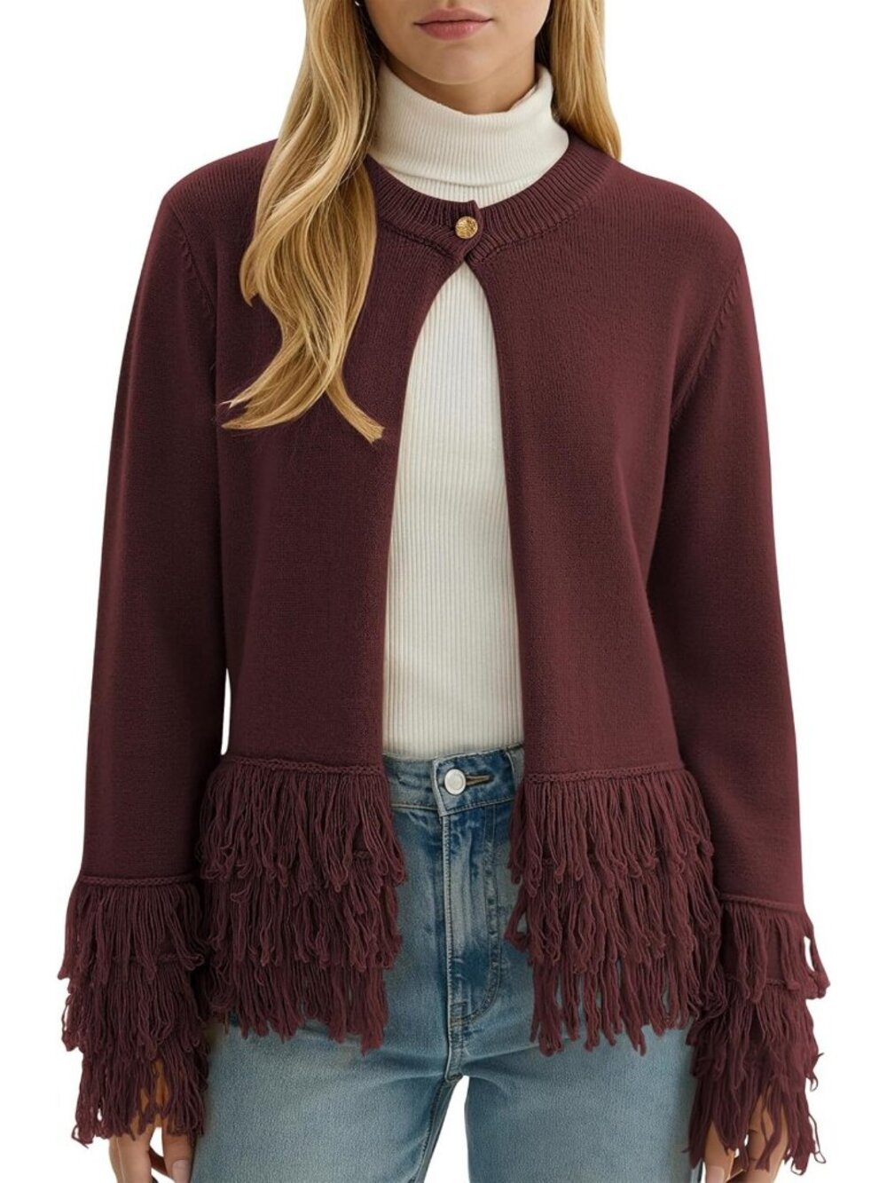 Chic Women's Fringe Open Front Cardigan Sweater with Buttons - Stylish Layering